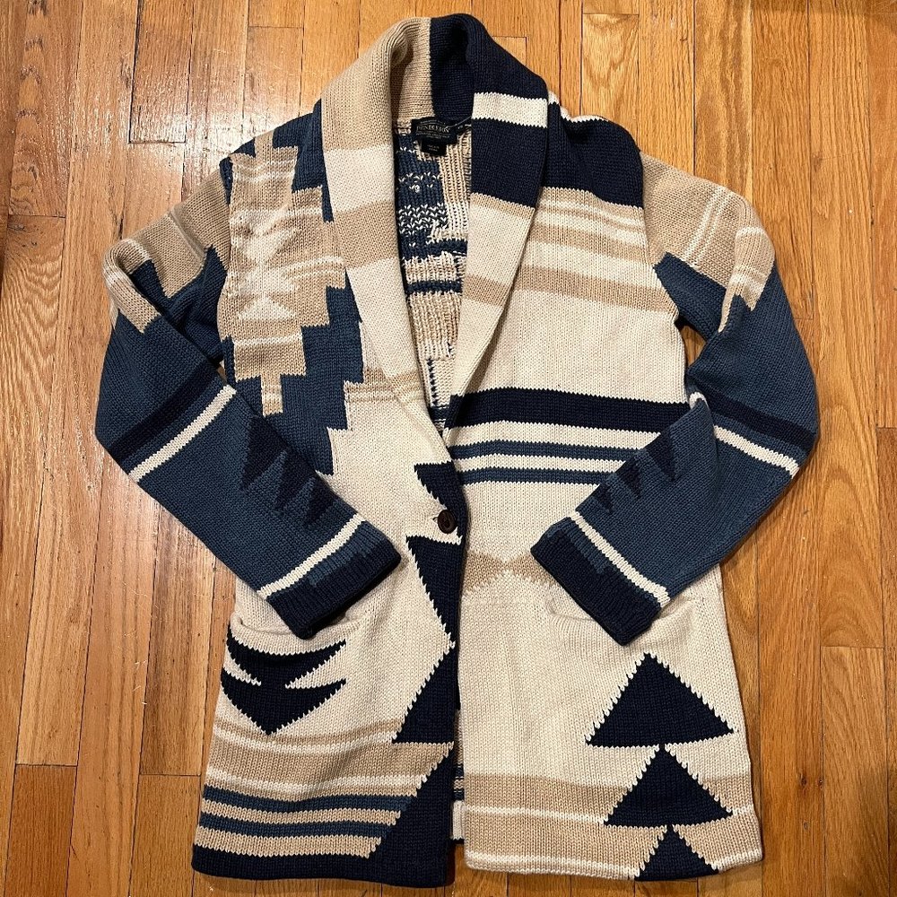 Pendleton Graphic Cardigan Blazer Sand/Navy Shawl Collar SIZE XS NWOT